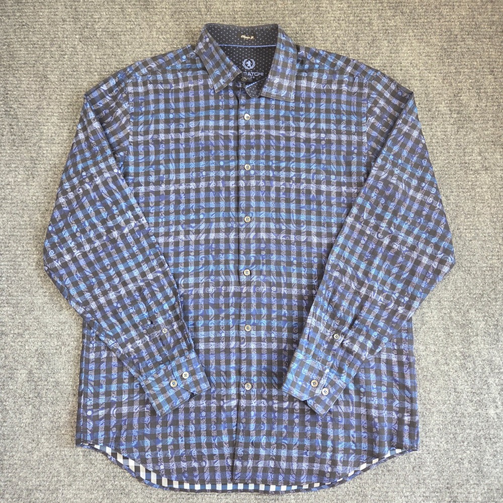 Bugatchi Uomo Mens Classic Fit Blue Black Gingham Paisley Button Down Shirt L